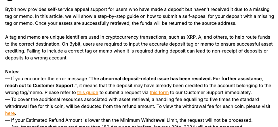 Bybit 帮助中心的缺少 Tag/Memo 充值自助申诉说明:找回成功后资金退回来源地址,收取 5 倍提现手续费,超过 180 天的交易不受理