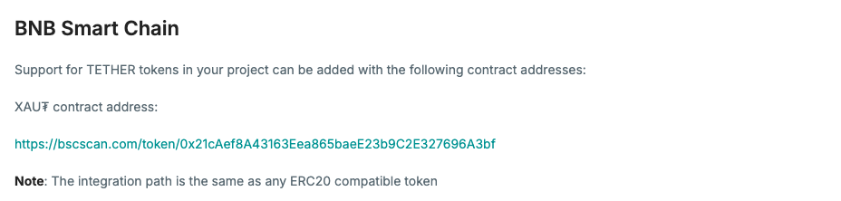 Tether 官网 Supported Protocols 页面的 BNB Smart Chain 部分，只列出 XAU₮ 合约，没有 USD₮