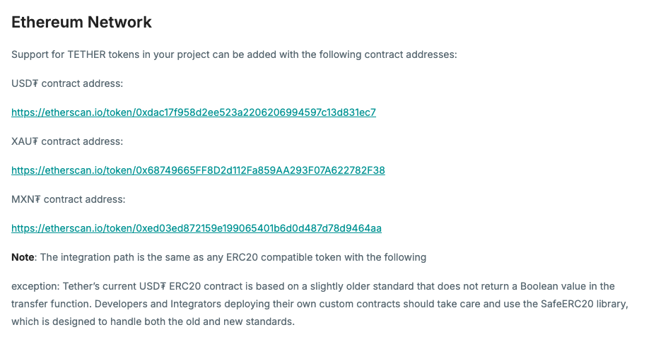 Tether 官网 Supported Protocols 页面的 Ethereum 部分，列出 USD₮ 合约 0xdac17f958d2ee523a2206206994597c13d831ec7