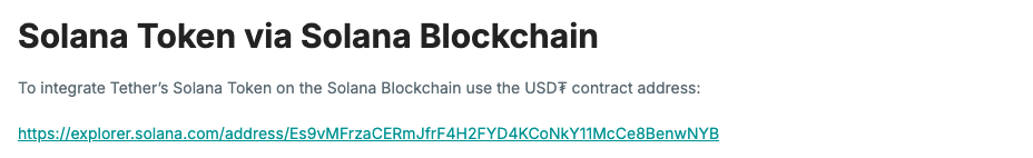 Tether 官网 Supported Protocols 页面的 Solana 部分，列出 USD₮ 合约 Es9vMFrzaCERmJfrF4H2FYD4KCoNkY11McCe8BenwNYB