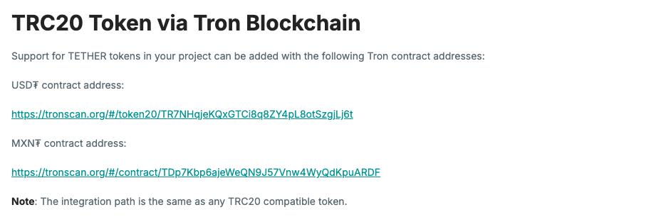 Tether 官网 Supported Protocols 页面的 Tron 部分，列出 USD₮ 合约 TR7NHqjeKQxGTCi8q8ZY4pL8otSzgjLj6t